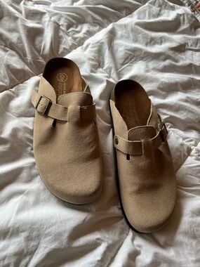 Suede Slip-On Clog Mules in Beige